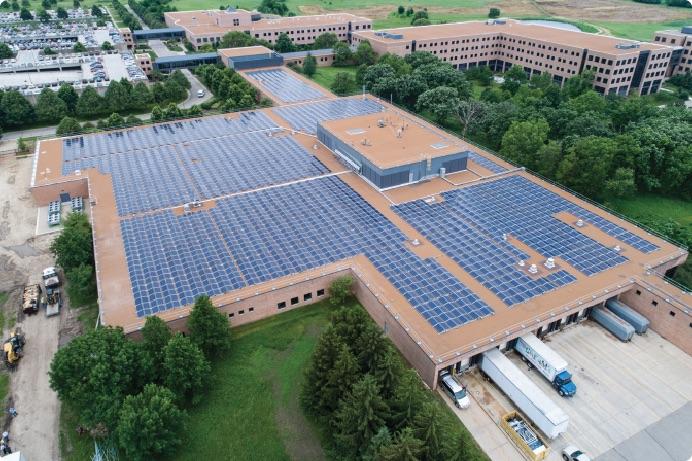 A roof with solar panels on it