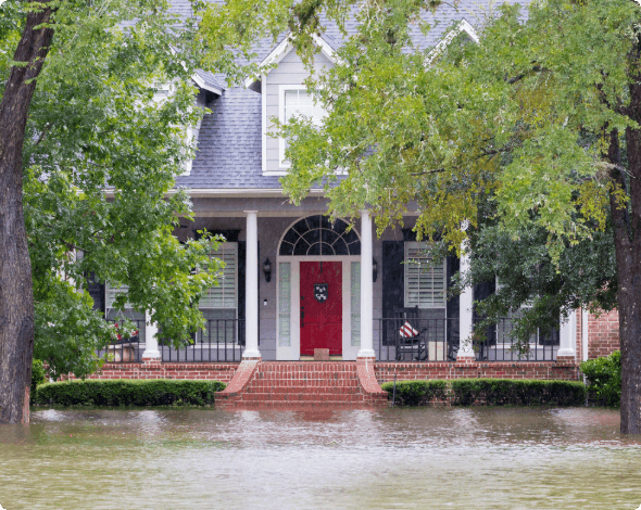 A home surrounded by floodwaters. 